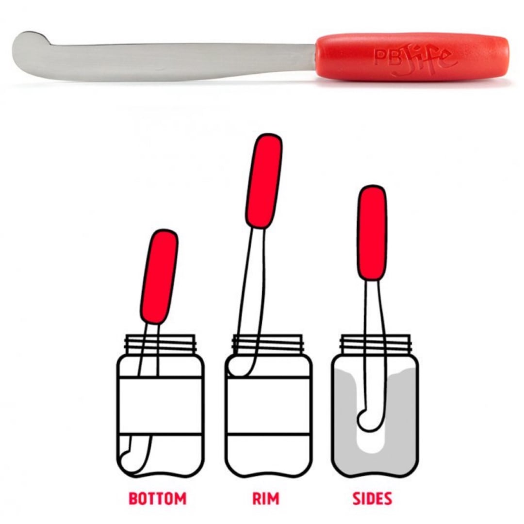 A red-handled, flat spatula is shown above three diagrams of a jar, illustrating how to use the spatula to reach peanut butter at the bottom, around the rim, and along the sides.