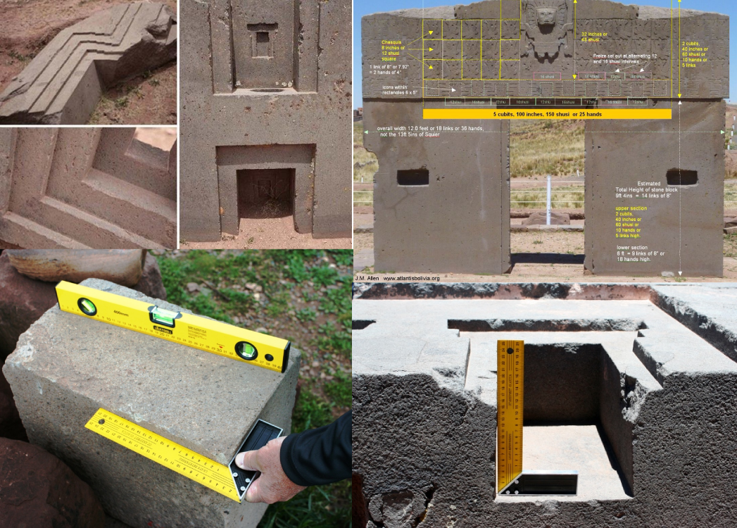 A collage shows ancient stone structures with precise geometric carvings and measurements being taken with rulers and a spirit level, highlighting the accuracy of the masonry. Annotations and grids are visible on some stones.