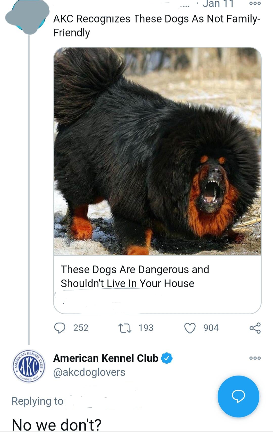 A social media post shows a fluffy black and brown Tibetan Mastiff with a caption claiming the AKC says these dogs are dangerous and not family-friendly. The AKC replies, "No we don't?" refuting the claim.