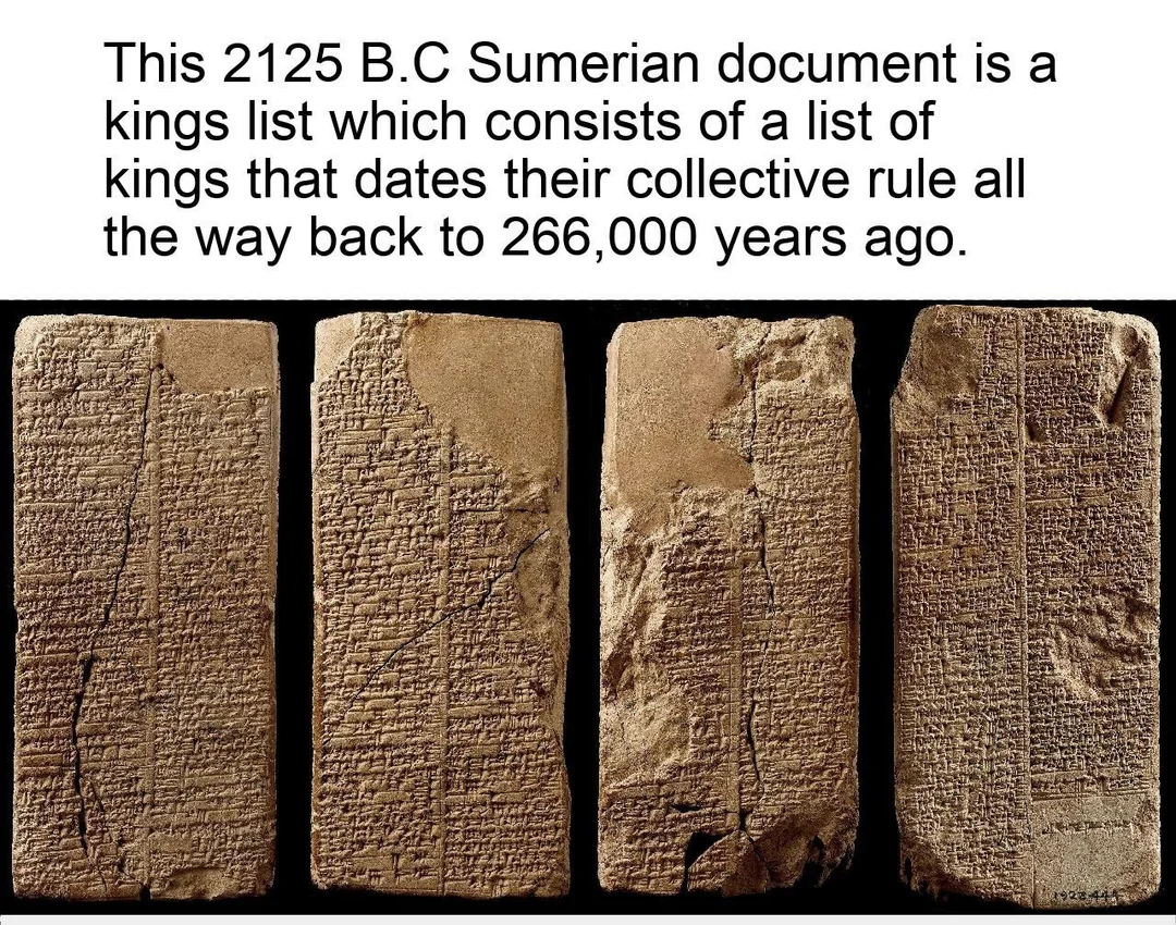 Four ancient Sumerian clay tablets inscribed with cuneiform writing, displayed side by side, with a caption stating they list kings dating back 266,000 years according to a 2125 B.C. document.