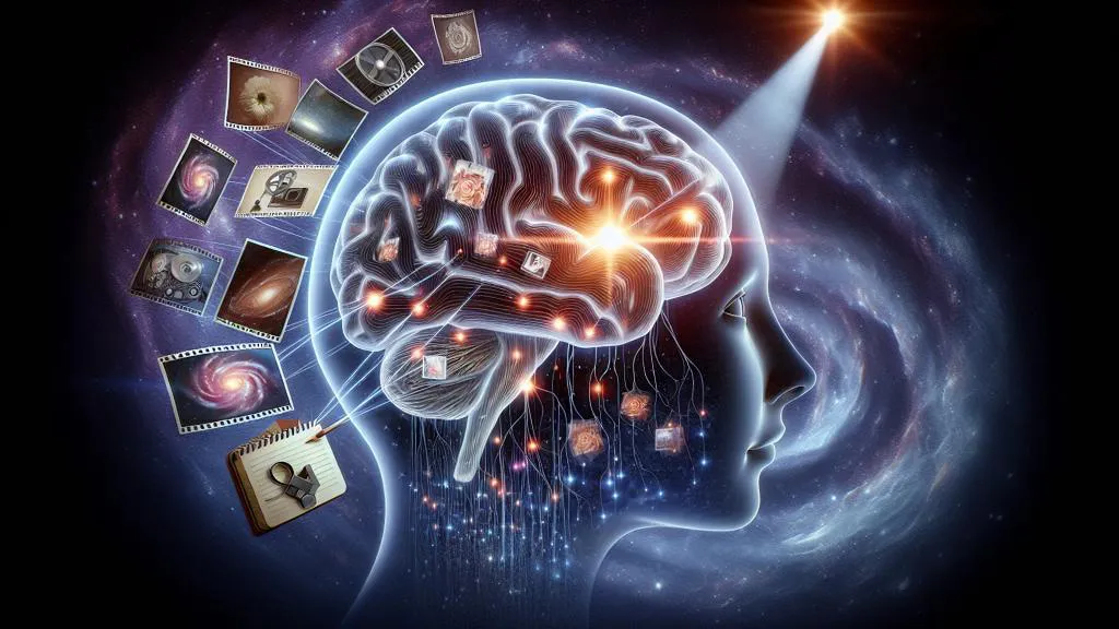 A glowing human brain inside a silhouette head, surrounded by swirling galaxies, stars, and floating photographs, symbolizing memory, imagination, and the universe within the mind.