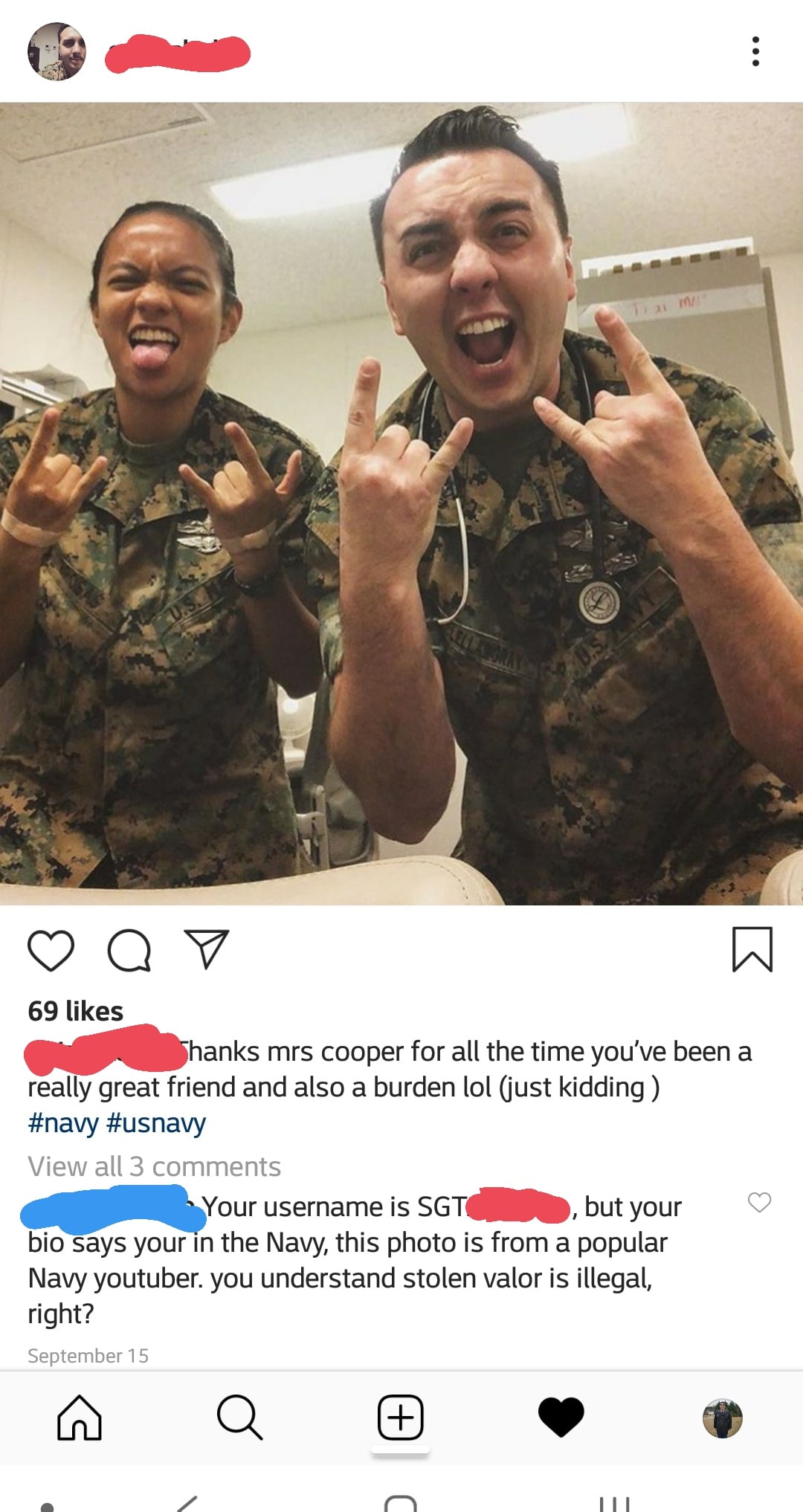 Two people in military uniforms make rock hand signs and funny faces for a selfie. The woman on the left is smiling with her eyes closed, while the man on the right sticks out his tongue and opens his eyes wide.