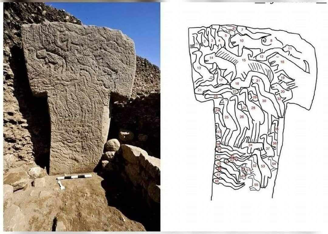 A stone pillar with intricate animal carvings stands outdoors, shown next to a line drawing that highlights and numbers the carvings for easier identification and study.