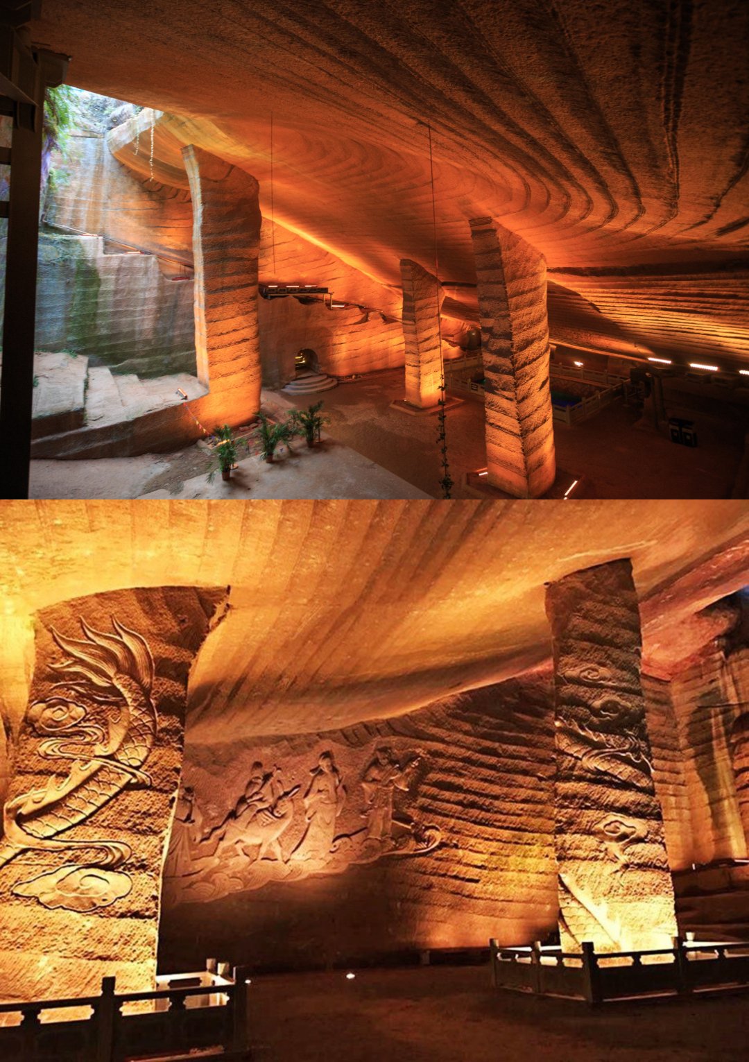 A large, underground chamber with tall, carved stone columns and intricate wall carvings of dragons and figures, illuminated by warm, orange lighting. Stone steps and railings are visible in the background.