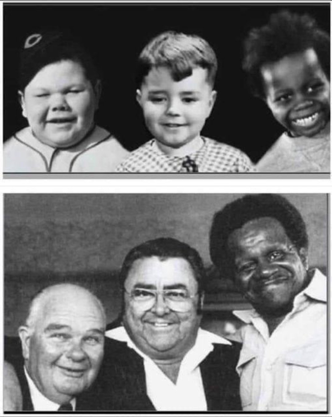 Two black-and-white photos: The top shows three smiling children; the bottom shows three older men, each resembling one of the children, smiling together as adults.