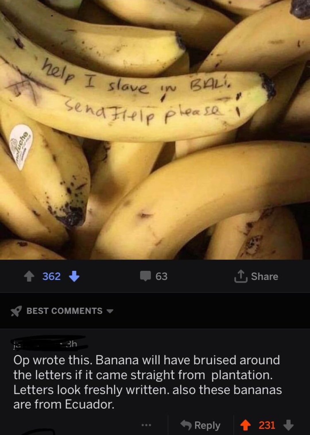 A bunch of bananas with a handwritten message in black ink on one peel that reads, "help I slave in Brazil, send help please!" The bananas are yellow with some brown spots. A Reddit post with comments appears below.