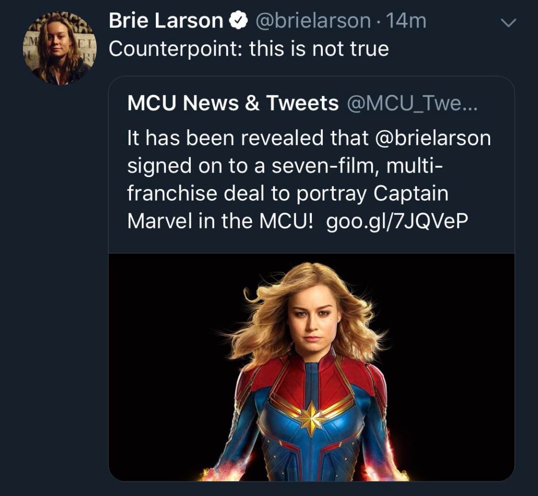 A tweet from Brie Larson reads, "Counterpoint: this is not true," above a news post claiming she's signed a seven-film deal as Captain Marvel. The image shows Brie Larson in her Captain Marvel costume.