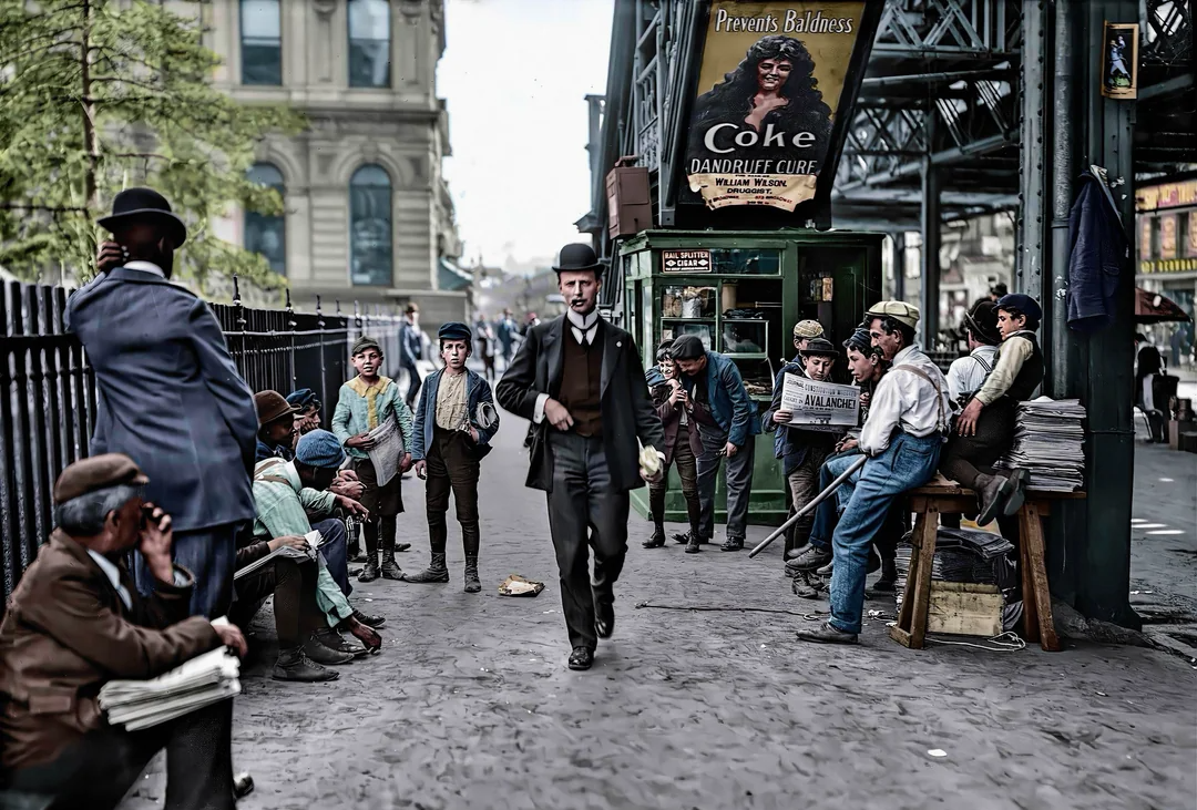 A colorized historic street scene shows newspaper boys and men gathered near a newsstand, with one man in a suit walking by. An old advertisement for Coke is displayed above the stand. Urban buildings and railings line the street.
