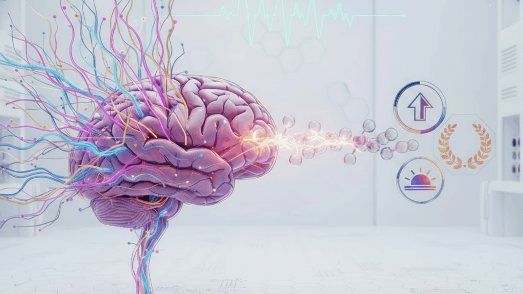 A colorful, digital illustration of a human brain with neural connections extending outward, surrounded by abstract symbols including an upward arrow and a laurel wreath, in a futuristic, white laboratory setting.