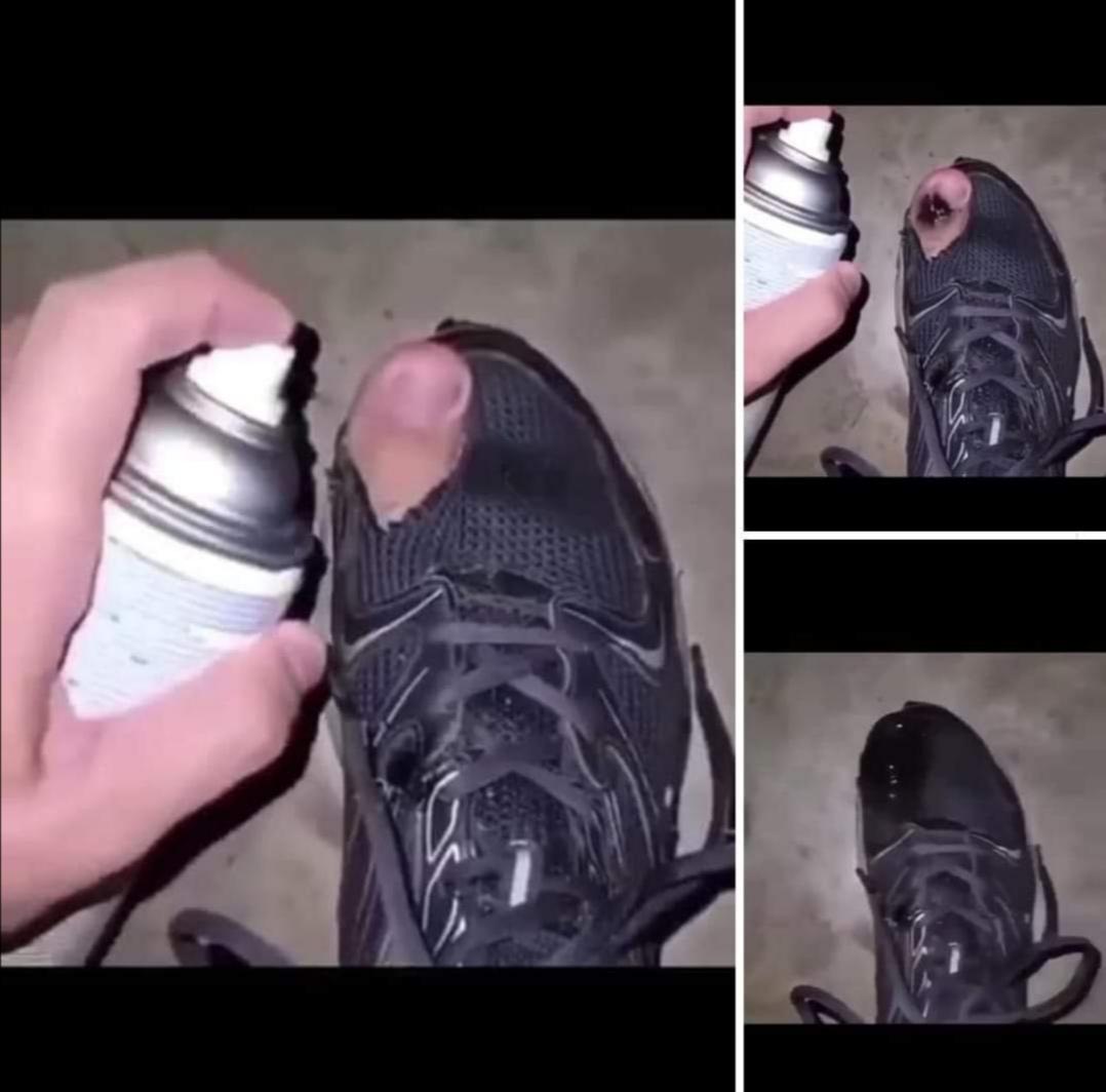 A hand sprays black paint on a sneaker with a hole revealing a toe; the next images show the painted toe blending in with the shoe, making the damage less noticeable.