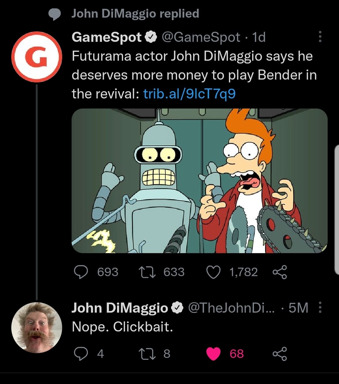 A GameSpot tweet shares an article about John DiMaggio wanting more money to voice Bender in "Futurama," with an image of Bender and Fry. John DiMaggio replies below, calling the headline clickbait.