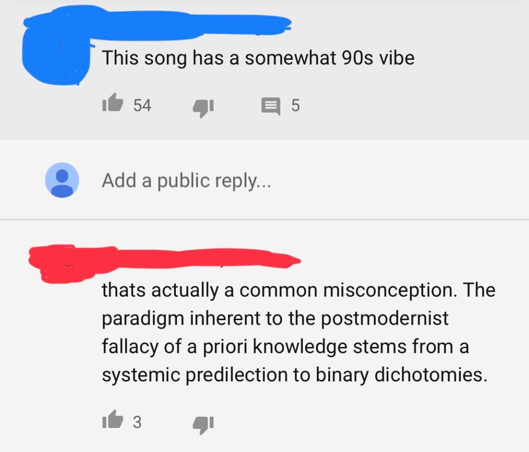 A YouTube comment says, “This song has a somewhat 90s vibe.” Another reply counters with a detailed, academic explanation about postmodernism and binary dichotomies. Both names are redacted.