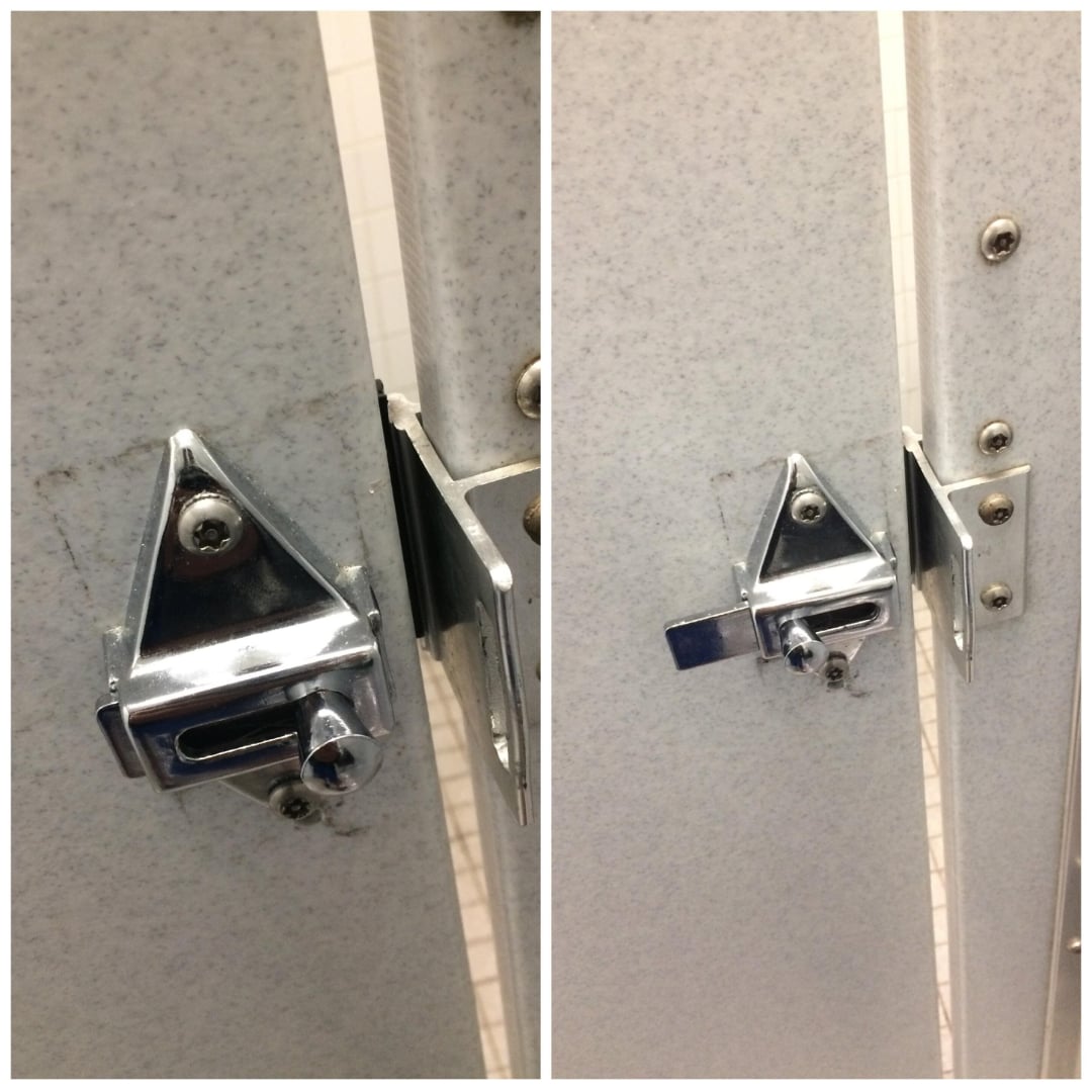 Side-by-side photos of a metal bathroom stall lock; the left image shows the lock open, while the right image shows it closed, securing the stall door.
