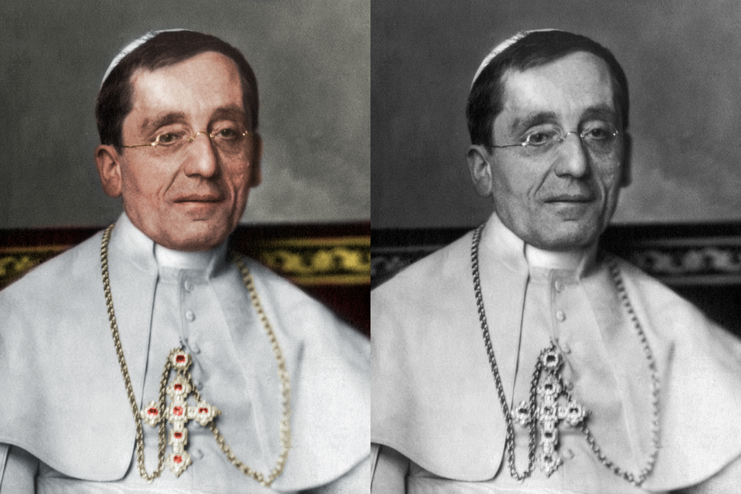 Side-by-side portraits of a man in papal attire with glasses and a jeweled cross; the left image is in color, the right is the same photo in black and white.