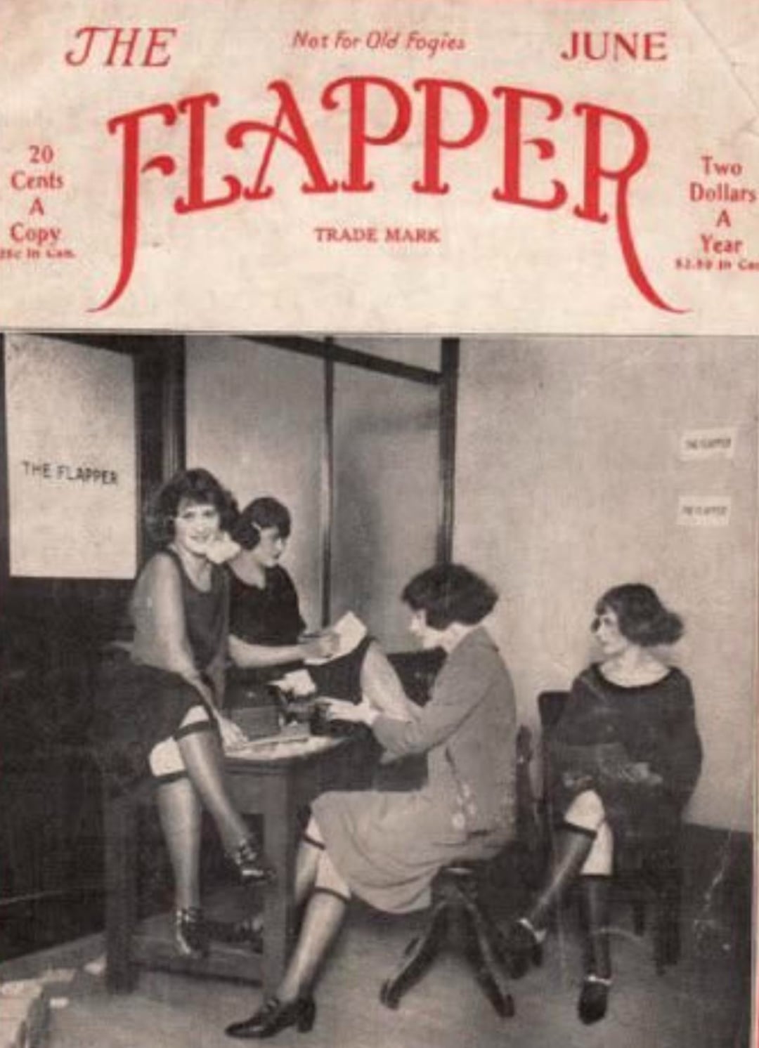 A vintage magazine cover titled "The Flapper" shows four women in 1920s attire sitting and chatting in an office setting, with a sign reading "THE FLAPPER" on the door behind them.