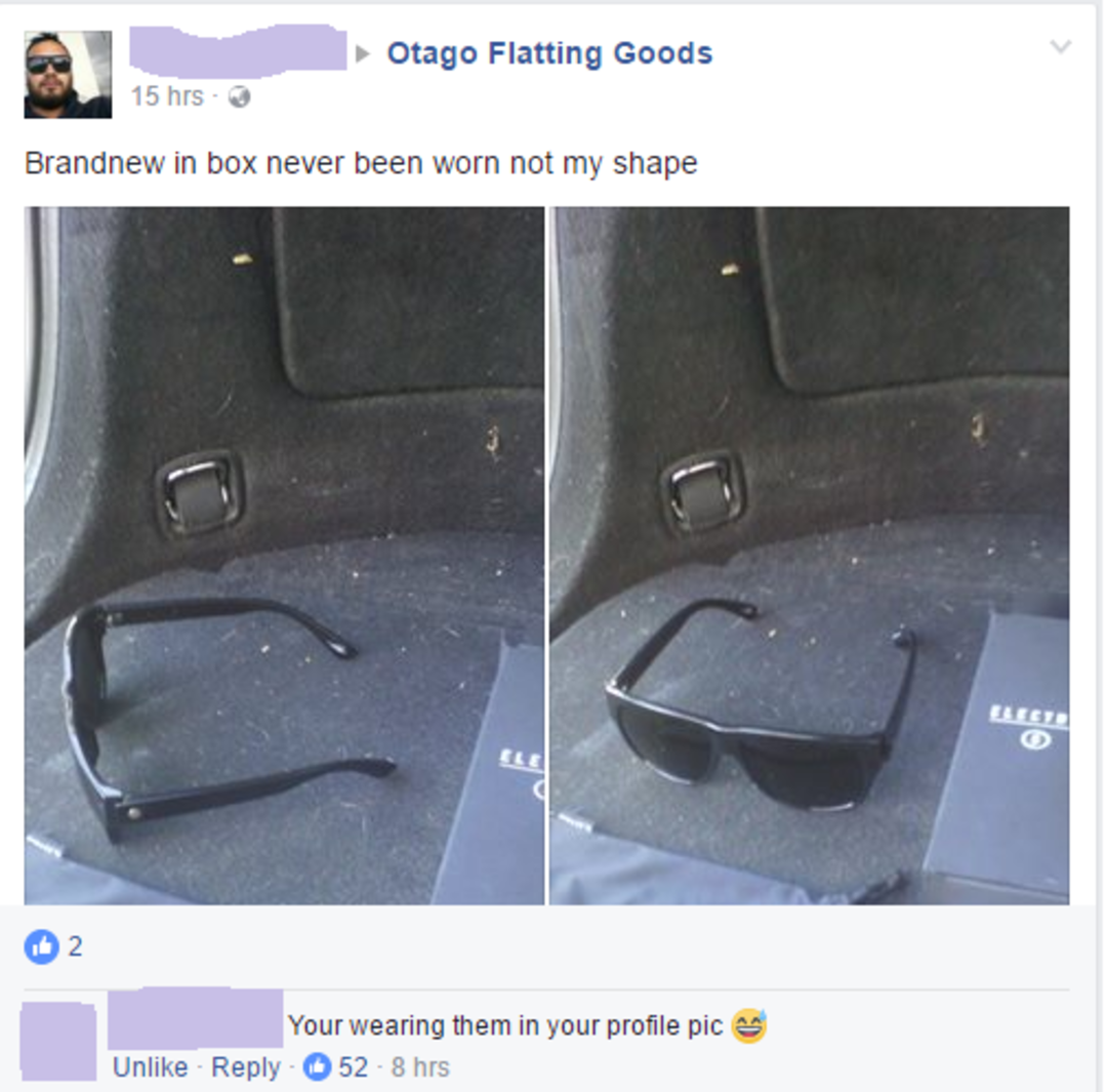 Two photos show a pair of black sunglasses resting on a car's carpeted trunk floor. The Facebook post claims they are brand new and unworn, but a comment notes the seller is wearing them in their profile picture.