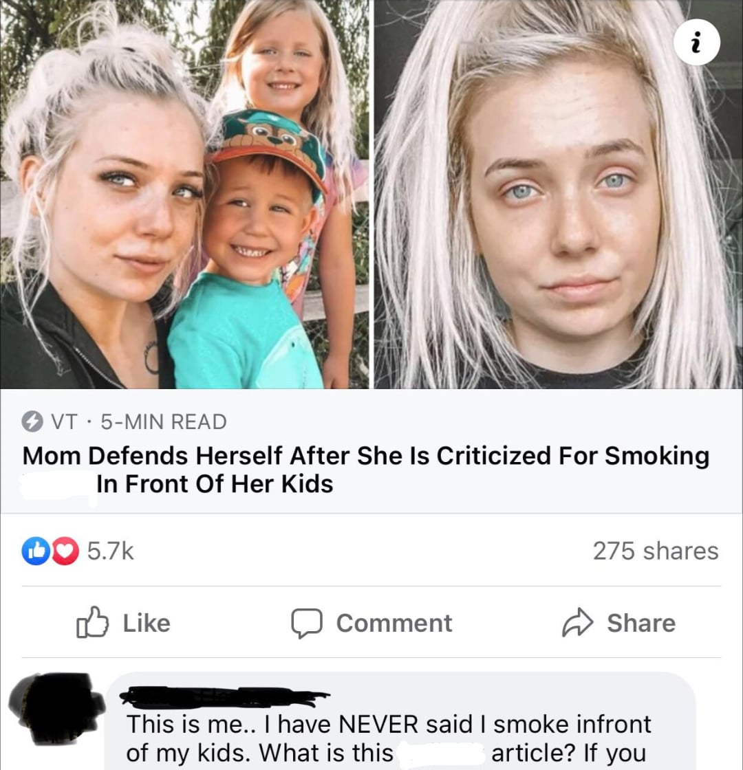 A split image shows a woman with two young children on the left and the same woman alone on the right; the headline reads, “Mom Defends Herself After She Is Criticized For Smoking In Front Of Her Kids.”