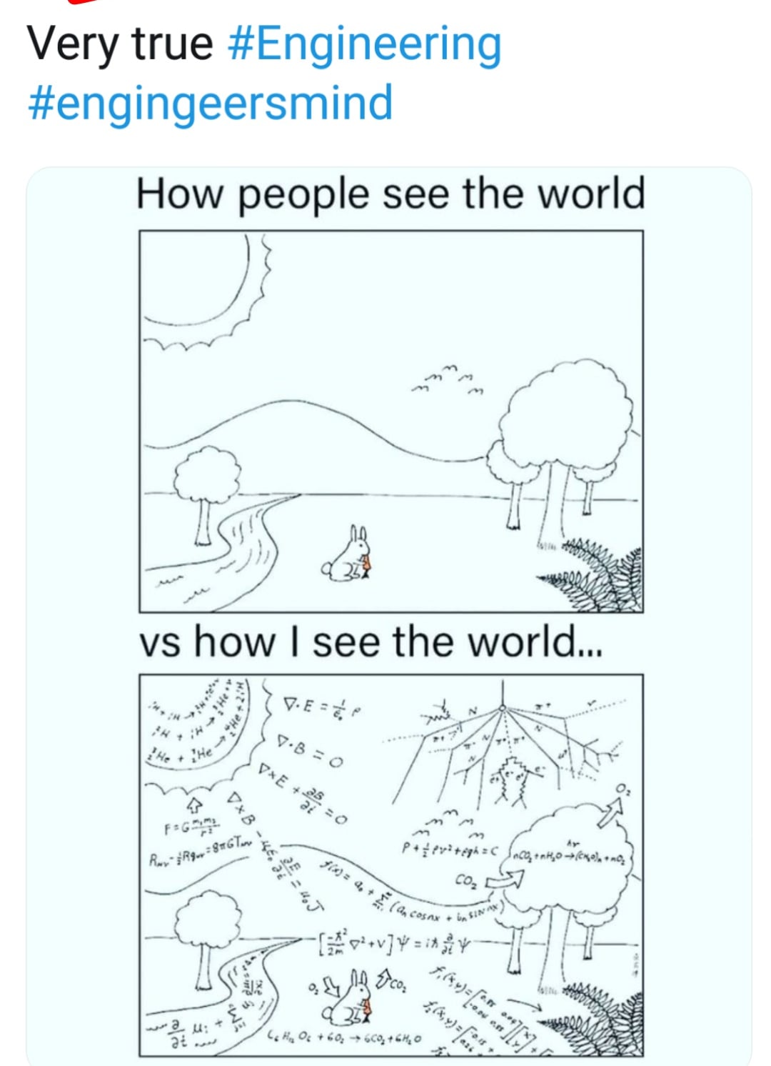 A two-panel comic. The top panel shows a simple outdoor scene with trees, a bunny, and hills. The bottom panel shows the same scene, but filled with complex mathematical equations and diagrams.