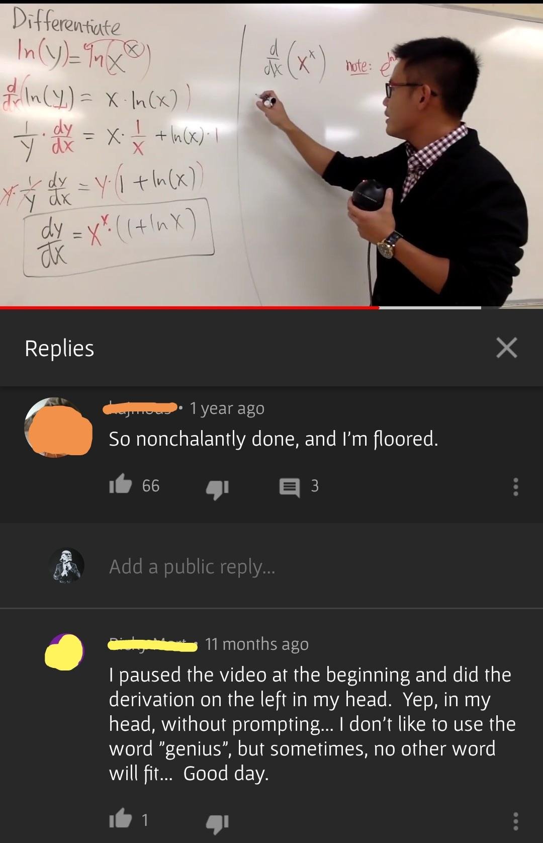 A man is explaining a math problem on a whiteboard in a classroom. Below, YouTube comments praise his skill, with one saying, "So nonchalantly done, and I’m floored," and another calling him a genius.