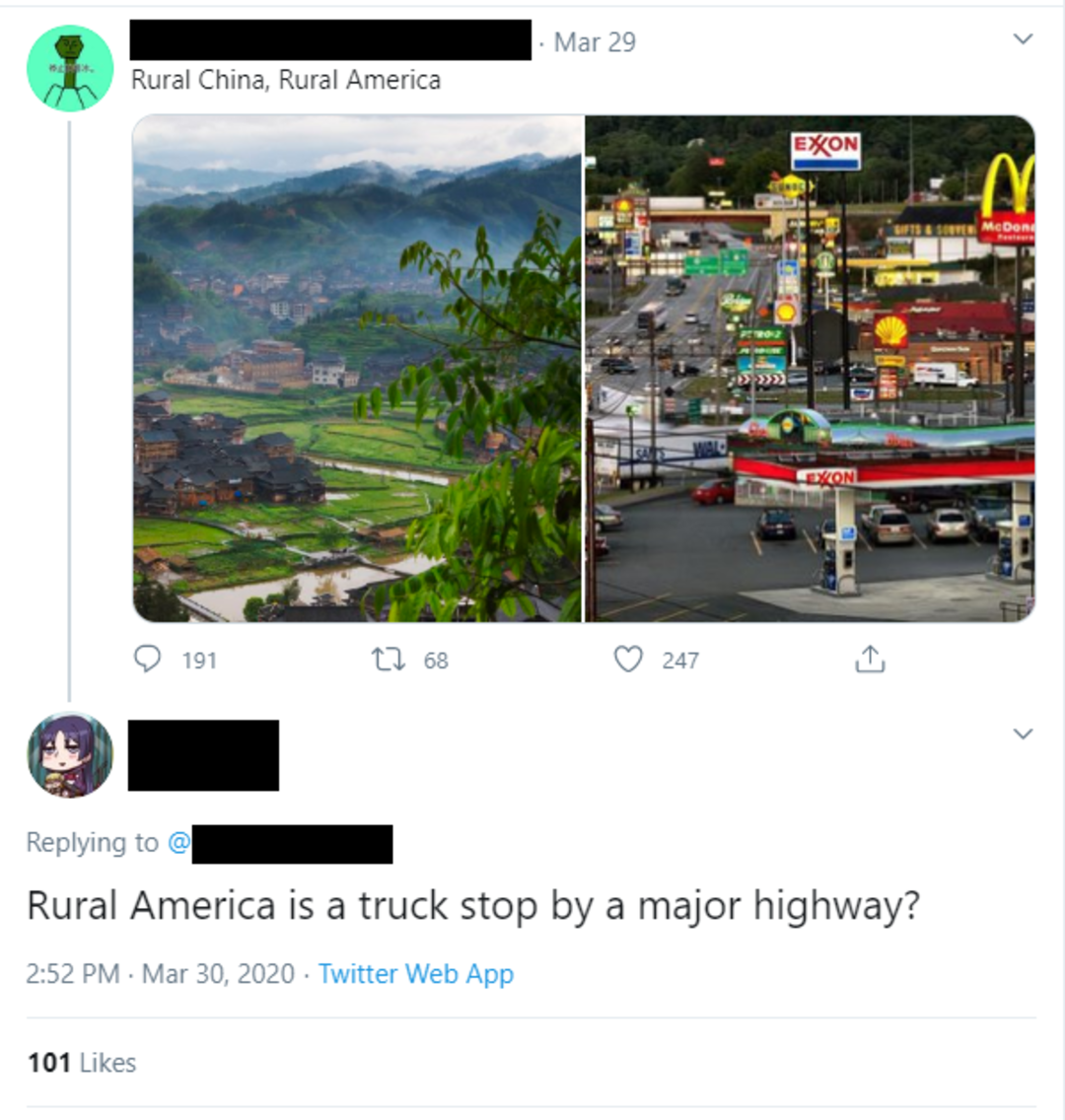 A tweet compares "Rural China" (a green, mountainous village) and "Rural America" (a busy truck stop with gas stations and fast food). A reply jokes, "Rural America is a truck stop by a major highway?