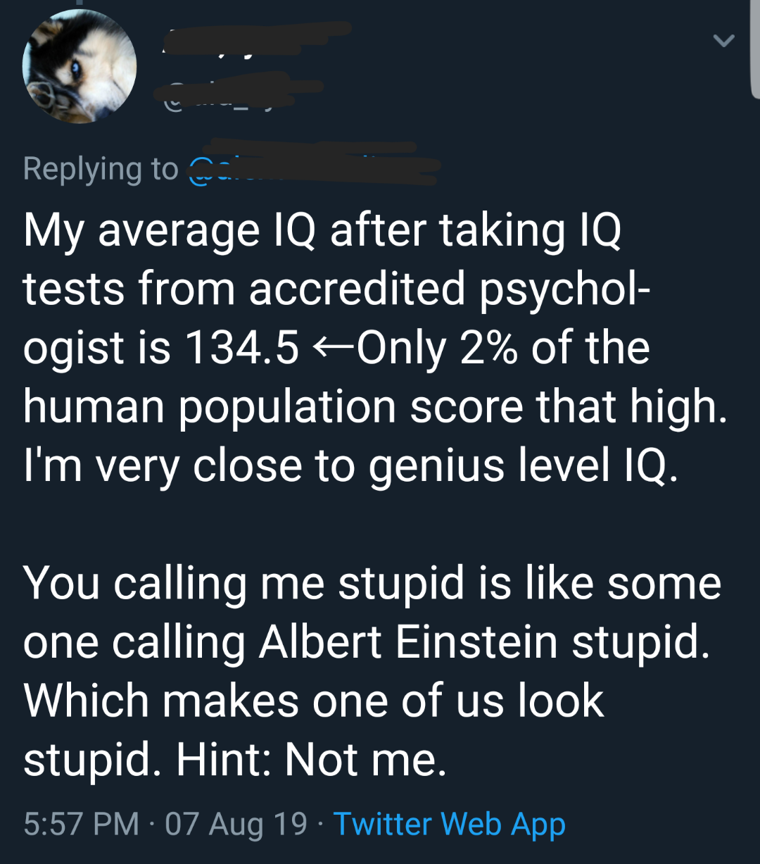 A tweet reads: "My average IQ after taking IQ tests from accredited psychologists is 134.5. Only 2% of the human population score that high. I'm very close to genius level IQ..." followed by a statement defending their intelligence.
