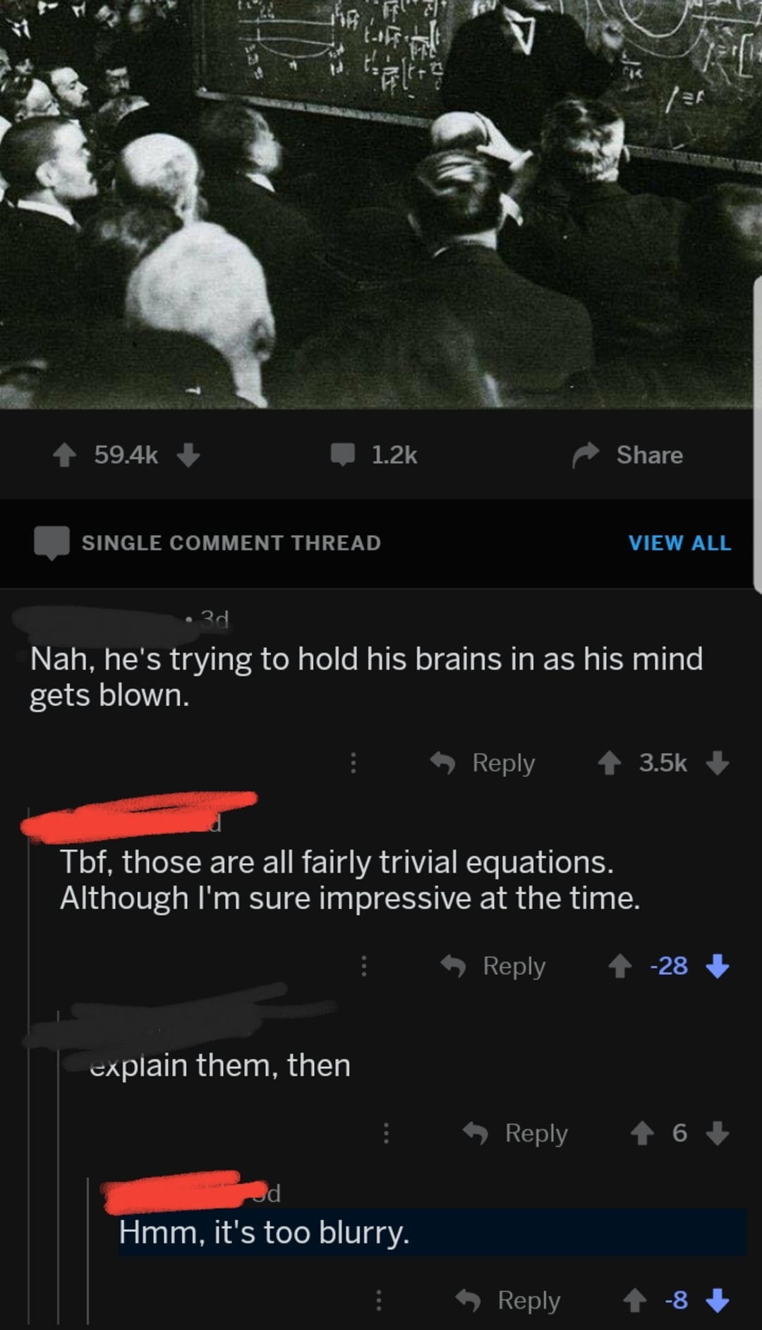 A historic photo shows Albert Einstein at a chalkboard filled with equations. Below, a Reddit thread jokes about the equations being trivial, claiming blurriness prevents explanation, while others react with upvotes and downvotes.