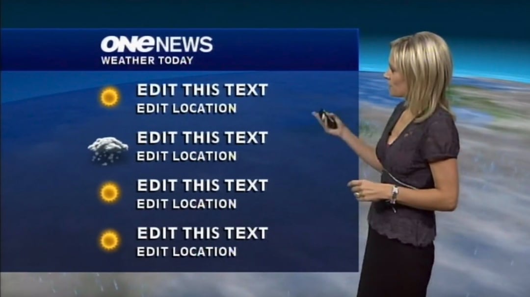 A weather presenter points at a forecast screen showing four locations with placeholder text and weather icons, including sun and rain, under the header "ONE NEWS WEATHER TODAY.