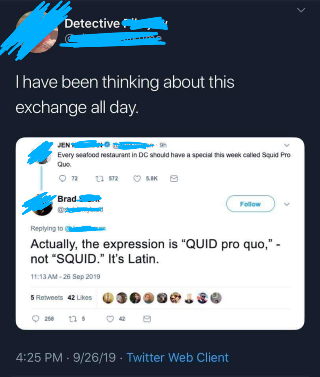 A tweet conversation where someone suggests seafood restaurants offer a "Squid Pro Quo" special, and another user corrects them, saying the phrase is "Quid pro quo," not "Squid.