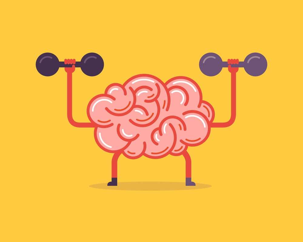 Illustration of a brain with arms and legs, lifting two dumbbells against a yellow background, symbolizing mental strength or brain training.