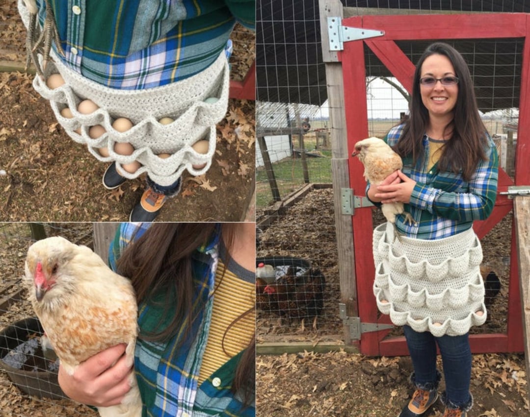 A woman wearing a knitted apron with pockets full of eggs stands by a chicken coop, holding a chicken and smiling. Close-up images show the eggs in the apron and the chicken being held.