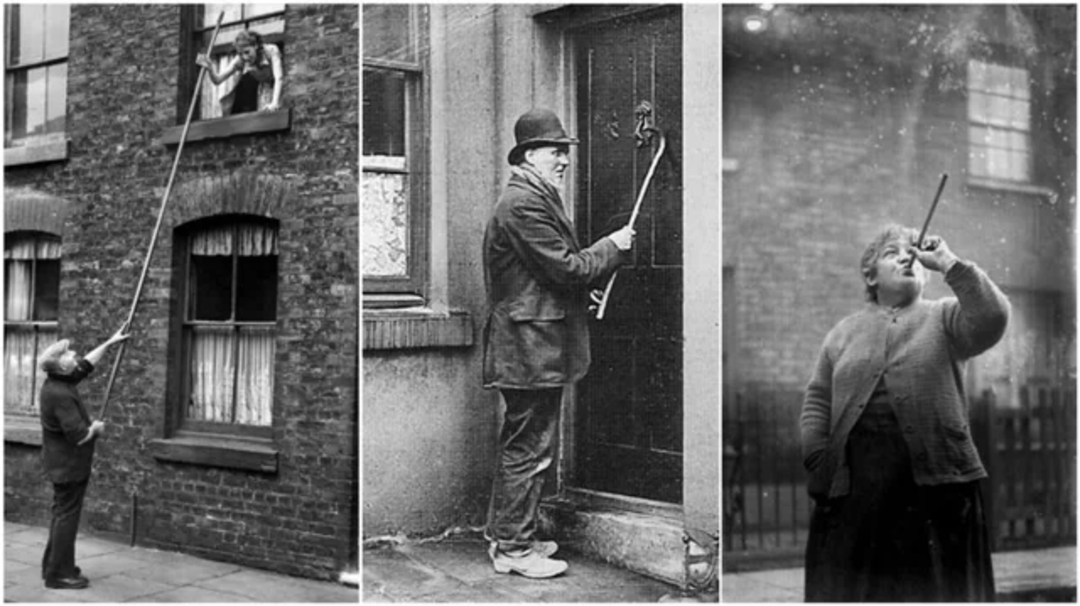 Three black and white photos show people using long sticks to wake others—tapping windows, knocking on a door, and rapping on glass—demonstrating an old-fashioned method called a “knocker-up.”