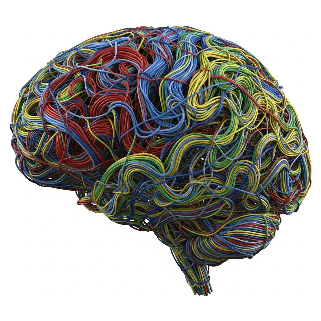 A brain-shaped structure made from bundles of colorful wires, including red, blue, yellow, and green, intricately twisted and woven together on a white background.