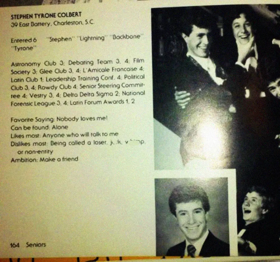 A high school yearbook page with black-and-white photos of Stephen Colbert smiling and posing with friends. The page lists his activities, favorites, ambitions, and a senior portrait at the bottom.