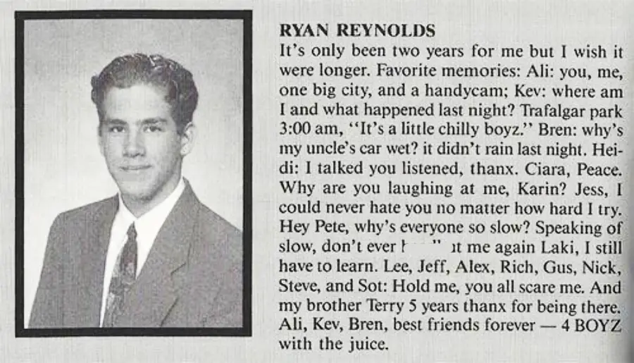 A black-and-white yearbook photo of a young man in a suit and tie is shown next to a personal message reflecting on memories, jokes, and friends, signed with names and ending with “4 BOYZ with the juice.”