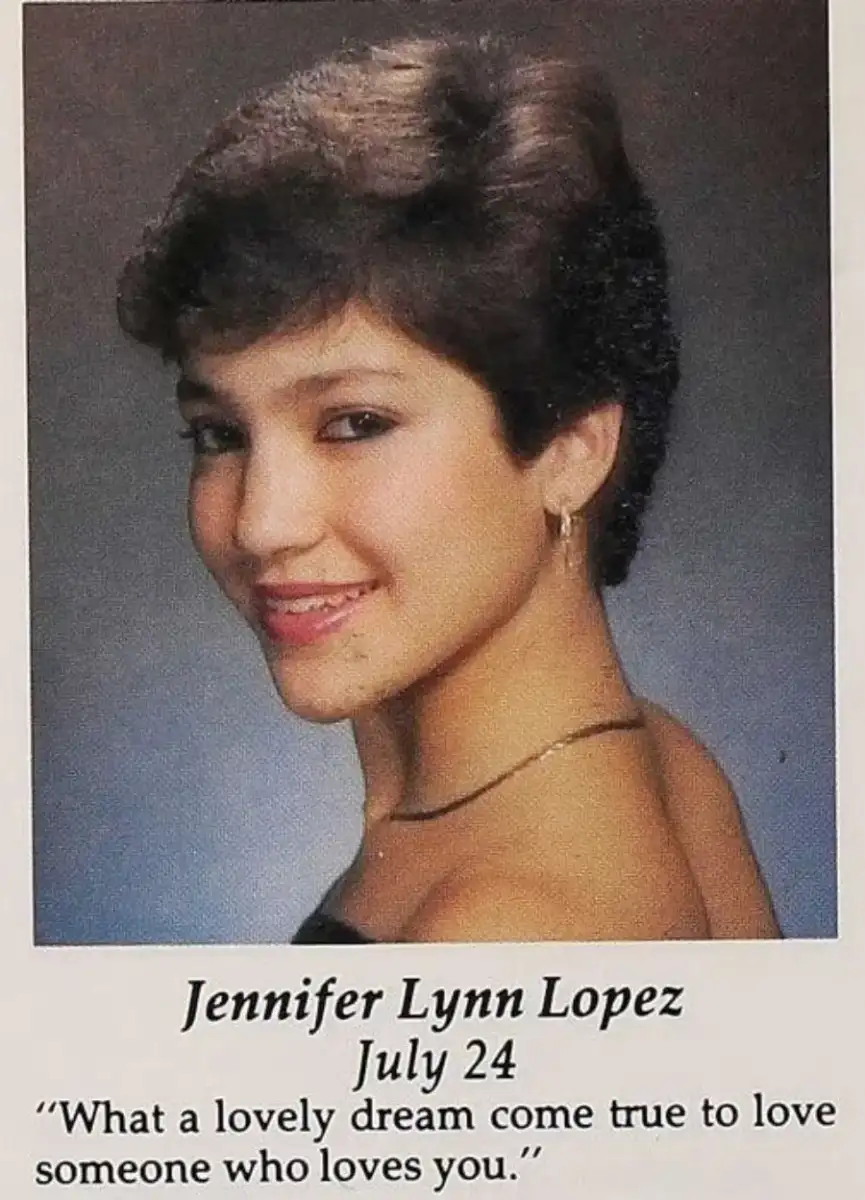 A young woman with short dark hair and hoop earrings smiles at the camera in a formal portrait. Below the photo, text reads: "Jennifer Lynn Lopez, July 24. 'What a lovely dream come true to love someone who loves you.'