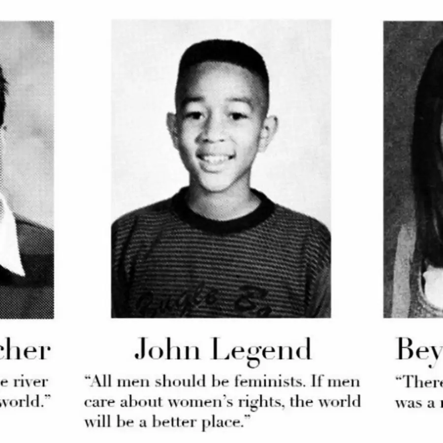 Three black-and-white yearbook photos of young students. The center photo is labeled “John Legend” with a quote: “All men should be feminists. If men care about women’s rights, the world will be a better place.”