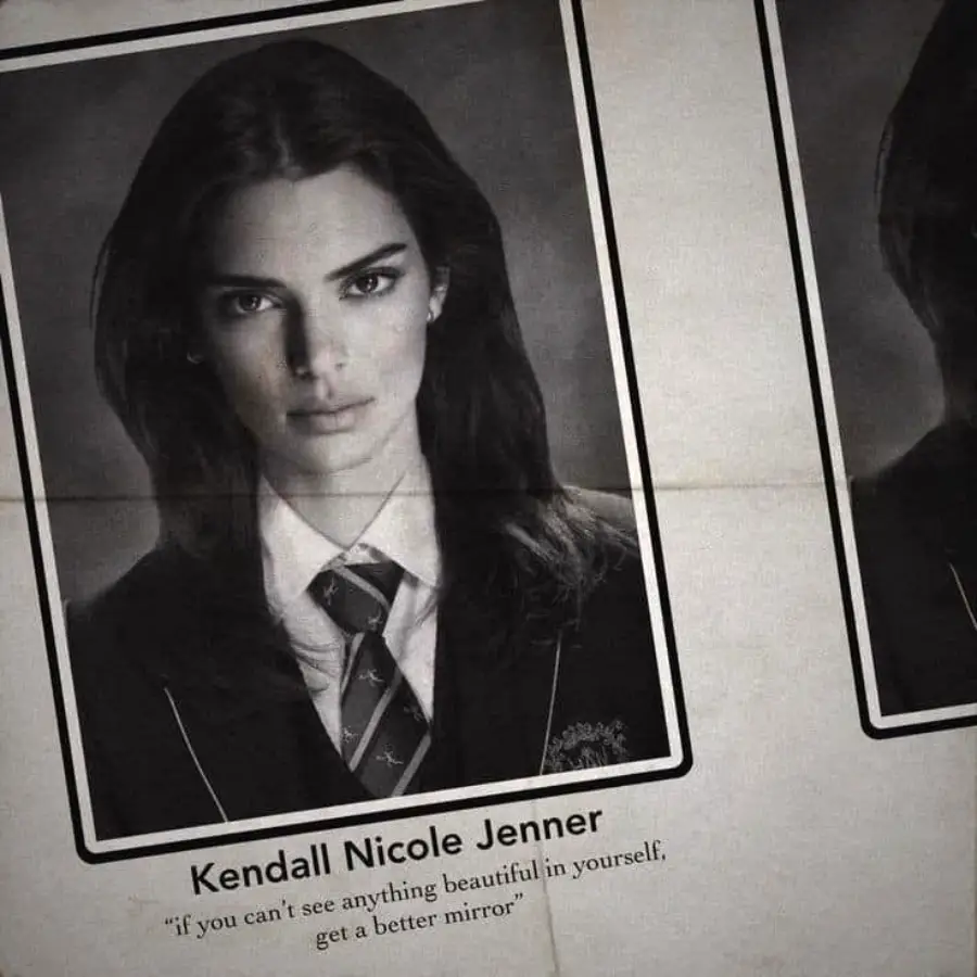 A black-and-white portrait of a young woman in a suit and tie, labeled “Kendall Nicole Jenner” with the quote: “If you can’t see anything beautiful in yourself, get a better mirror.”