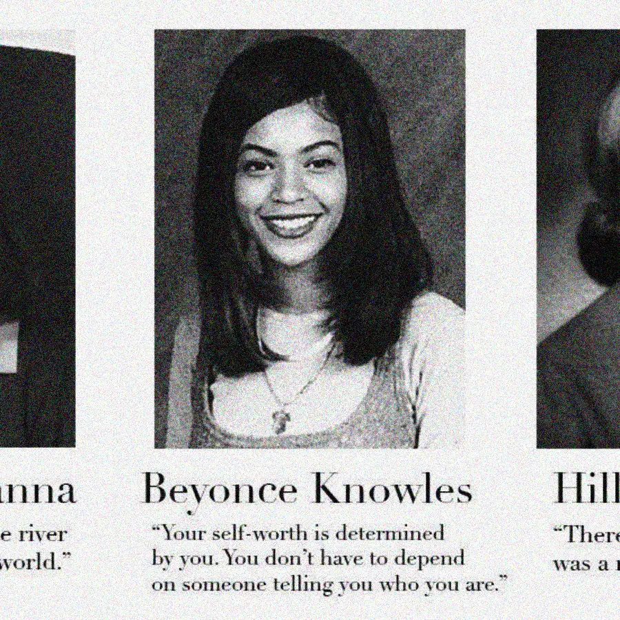 A black and white yearbook-style photo of a young woman with straight hair, smiling at the camera. Text below reads: "Beyonce Knowles: 'Your self-worth is determined by you. You don’t have to depend on someone telling you who you are.'