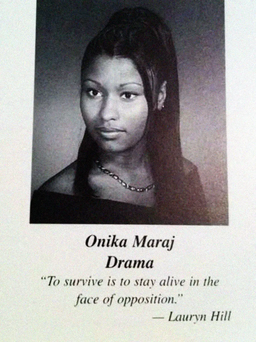 A black-and-white yearbook photo of a young woman with long straight hair, wearing a necklace and off-shoulder top. Below her photo, the name "Onika Maraj" appears with "Drama" and a Lauryn Hill quote about survival.