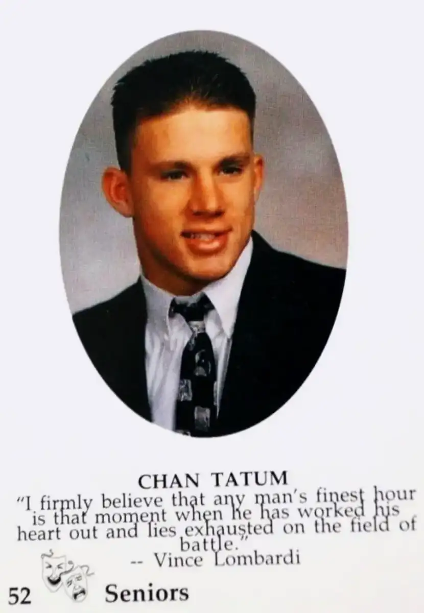 A high school yearbook photo of a young man in a suit and tie, labeled "Chan Tatum." Below the photo is a Vince Lombardi quote and the text "52 Seniors" with a small theater masks graphic.