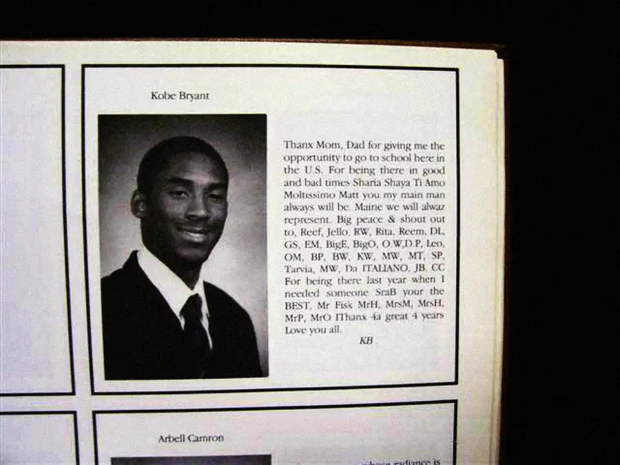 A yearbook photo of Kobe Bryant in a suit and tie, accompanied by a personal message thanking his parents, family, and friends, and listing his future plans and acknowledgments.