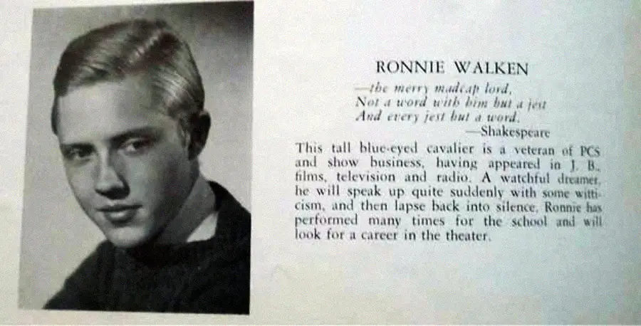 Black and white yearbook photo of a young man with short, light hair, wearing a suit. Text beside the photo describes him as Ronnie Walken, a performer with experience in TV, radio, and theater.