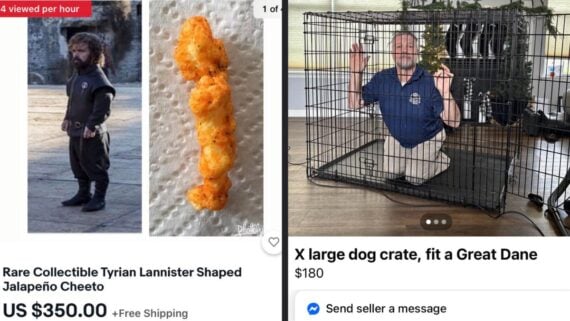 A screenshot shows two online listings: one for a jalape&ntilde;o Cheeto shaped like Tyrion Lannister for $350, and another for an extra-large dog crate with a man kneeling inside it for $180.