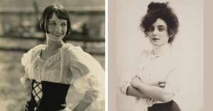 Two vintage black-and-white portraits of women: on the left, a woman with a bob haircut smiles and wears a laced corset dress; on the right, a woman with curly hair poses with arms crossed, wearing a light blouse.
