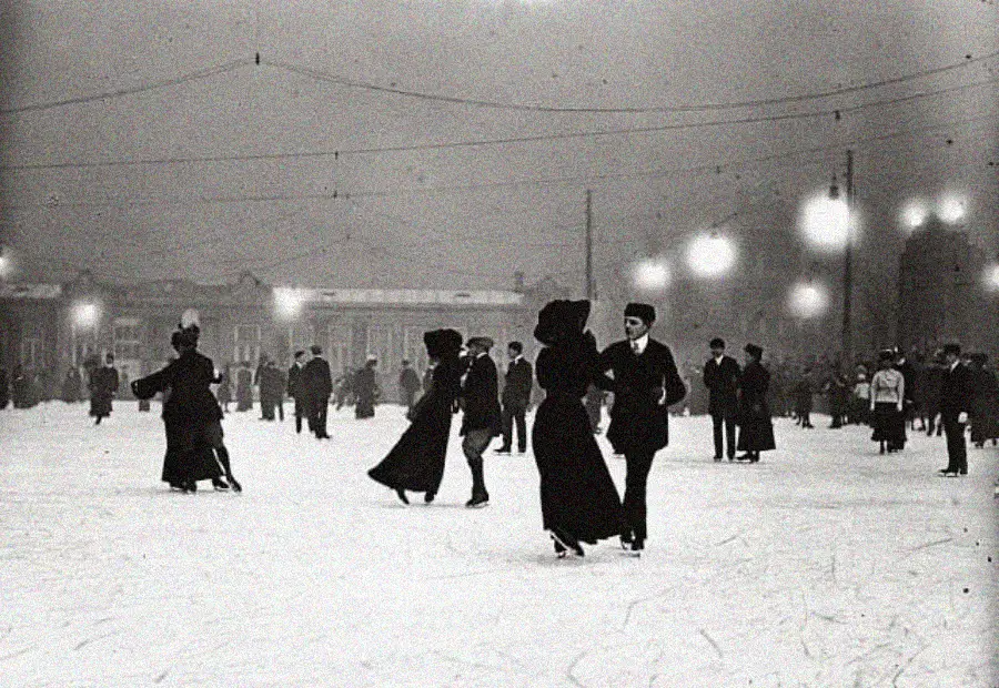 People in early 20th-century clothing ice skate outdoors at night under glowing lights, with buildings visible in the background and more skaters in the distance.