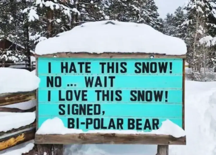 A turquoise sign covered in snow reads: "I HATE THIS SNOW! NO ... WAIT I LOVE THIS SNOW! SIGNED, BI-POLAR BEAR." Snow and trees are visible in the background.