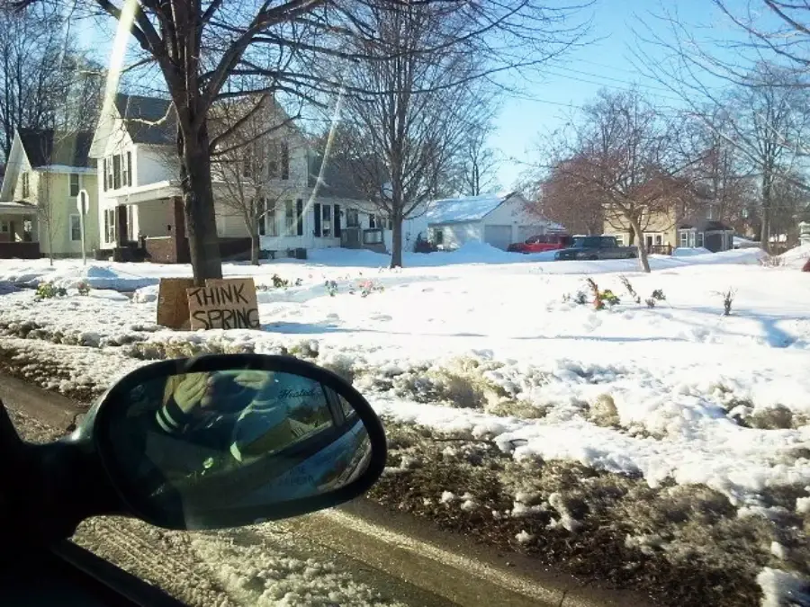 A snowy suburban neighborhood is seen from a car. In one yard, a handmade cardboard sign reading "THINK SPRING" is posted in the snow, surrounded by leafless trees under a clear blue sky.