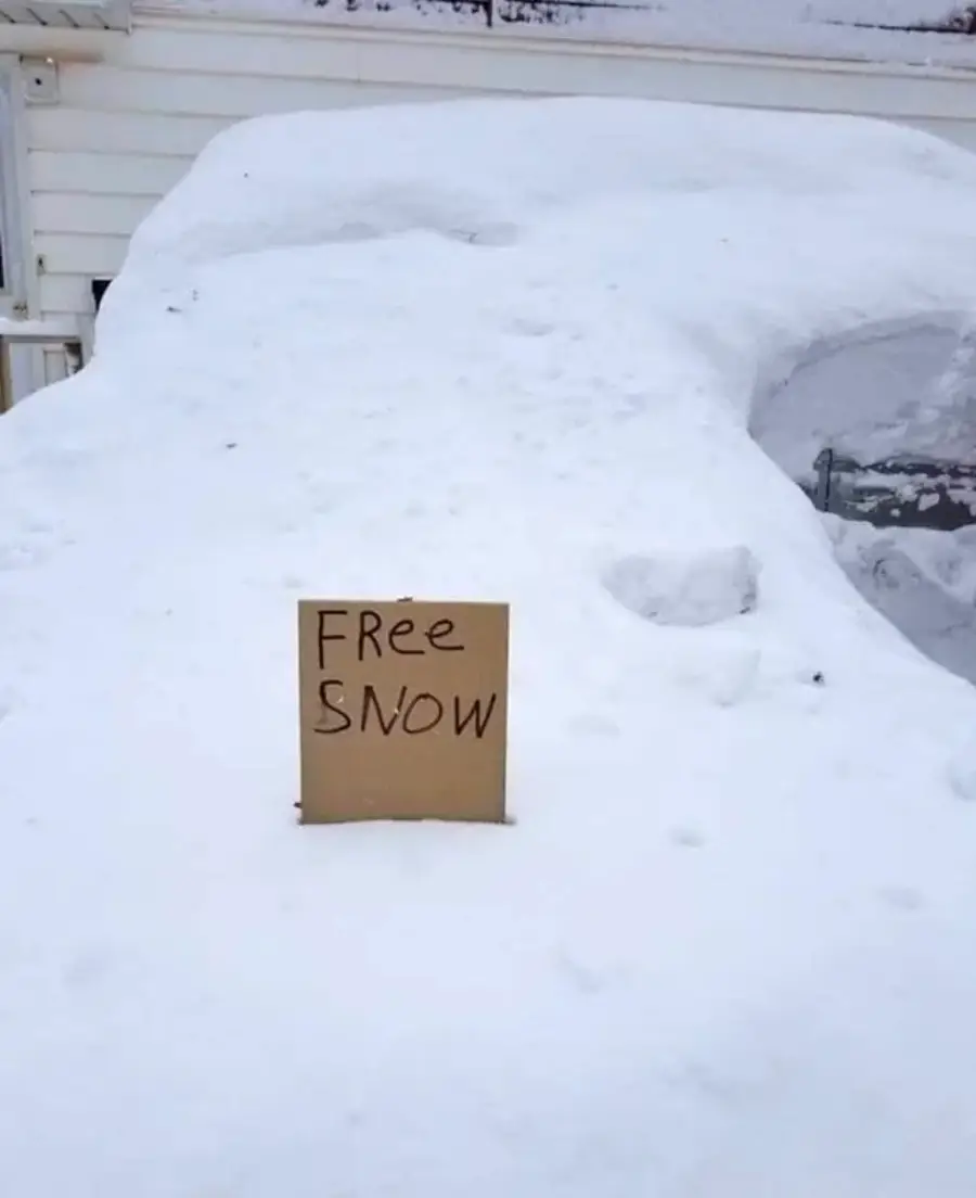 A handwritten cardboard sign reading "Free Snow" is placed on a thick blanket of snow covering a vehicle and its surroundings.