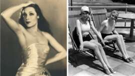Left: A woman in a strapless dress poses with one arm raised, looking off-camera. Right: Two women in swimsuits, shorts, and headscarves sit on deck chairs outdoors, smiling and relaxing. Both photos are black and white.