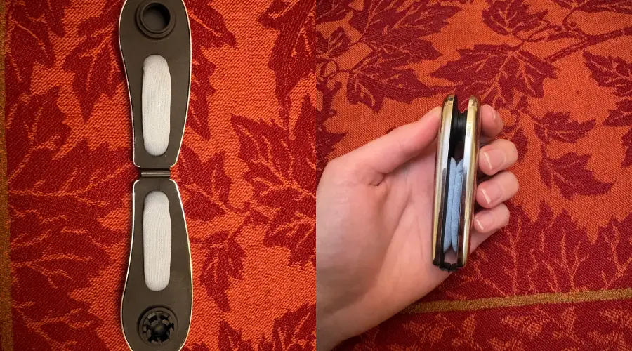 Side-by-side images: on the left, a black and gray glasses case open on a red patterned fabric; on the right, a hand holds the closed case, showing its compact, folded shape.
